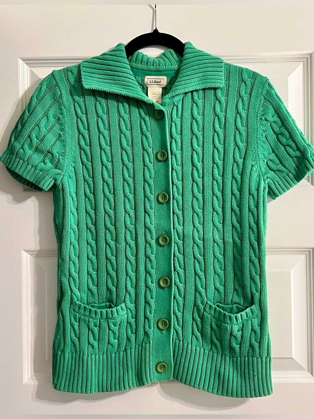 L.L.Bean Green Cable Knit Cardigan Fall Layering Piece Collar Preppy Small